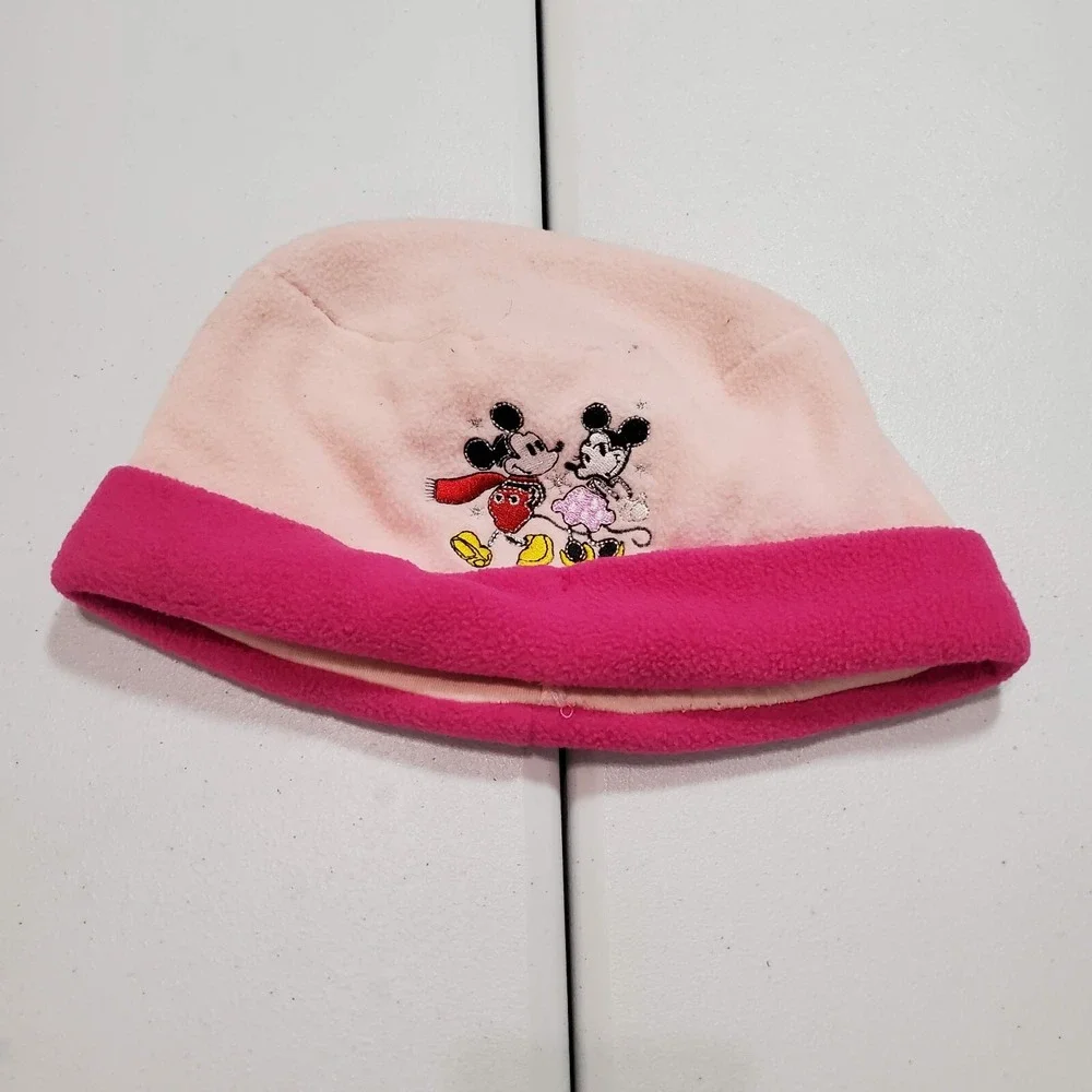 Disney Girls Hat OS Pink Fleece Christmas Winter‎ Mickey Minnie Embroidered